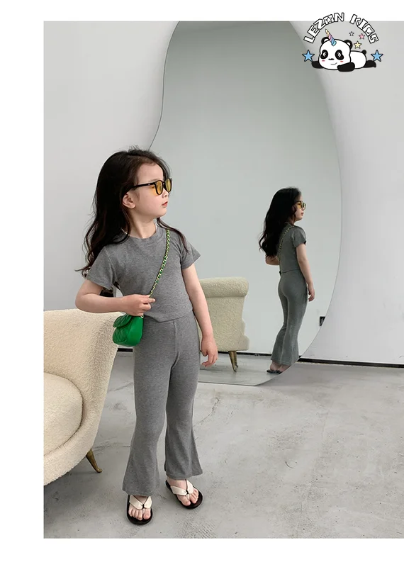 LEZONKIDS - Cotton Comfortable Short Sleeve T-shirt + High Elastic Flared Pants Two-piece Baby Girls Summer Clothing